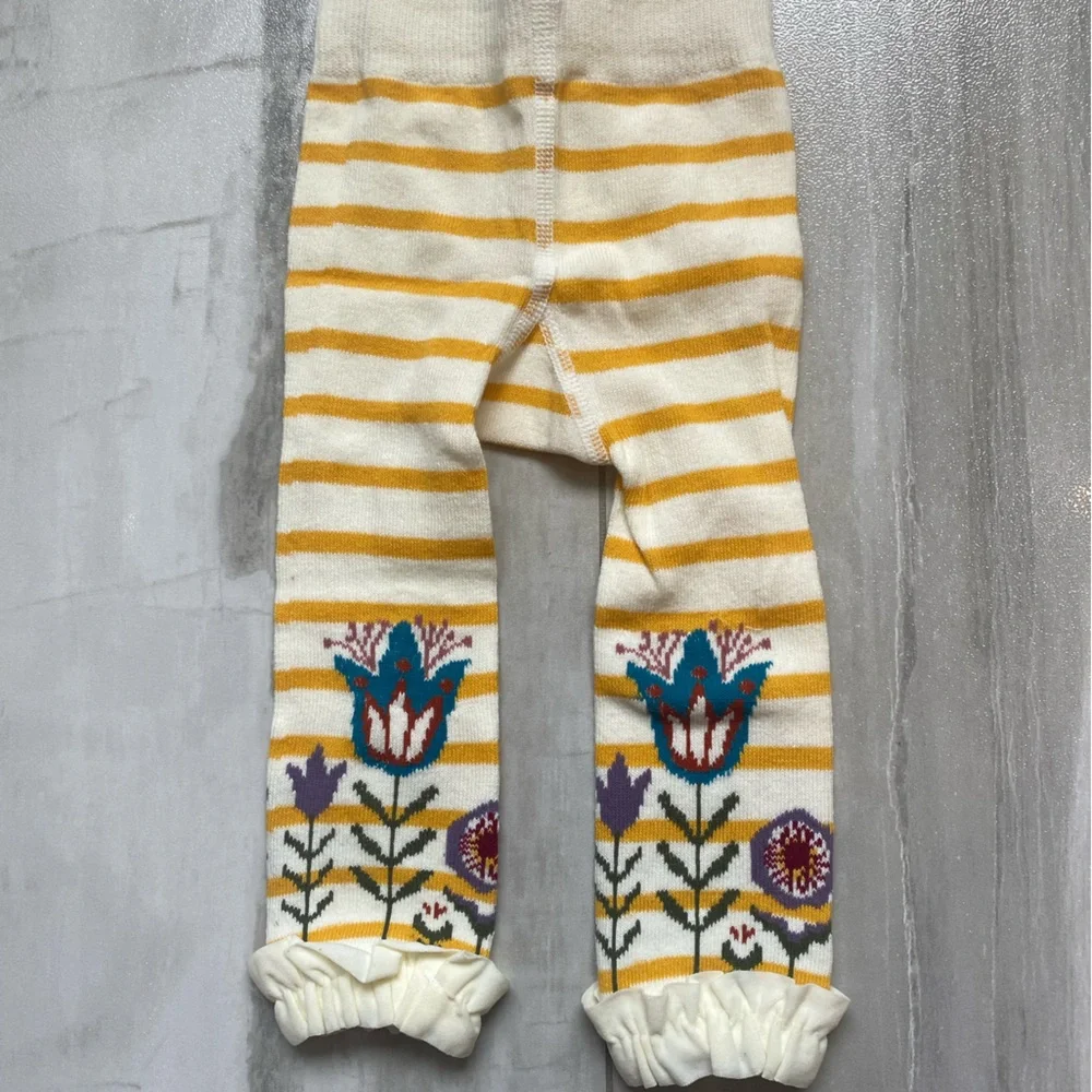 NWT RuffleButts Golden Stripe Floral Footless Ruffle Tights, size 0-6 months